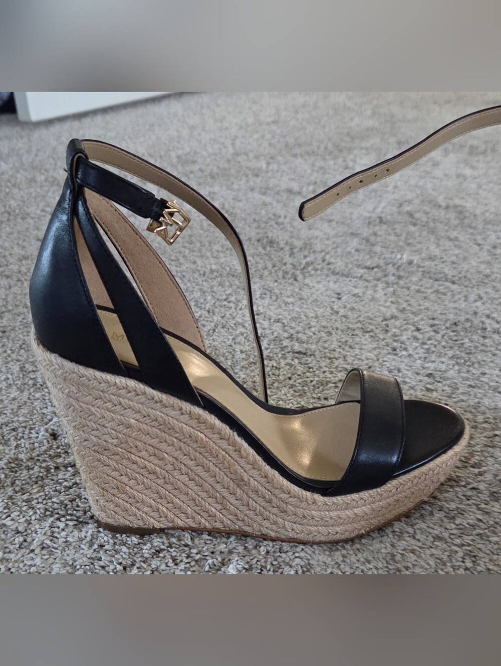 Michael Kors Black Leather Espadrille Wedge Sandals